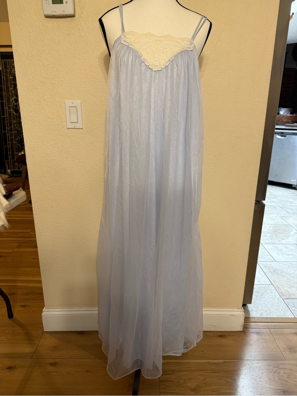 VTG Sears USA Nylon Light Blue Lace Long Maxi Nightgown Pegnoir Spaghetti Strap